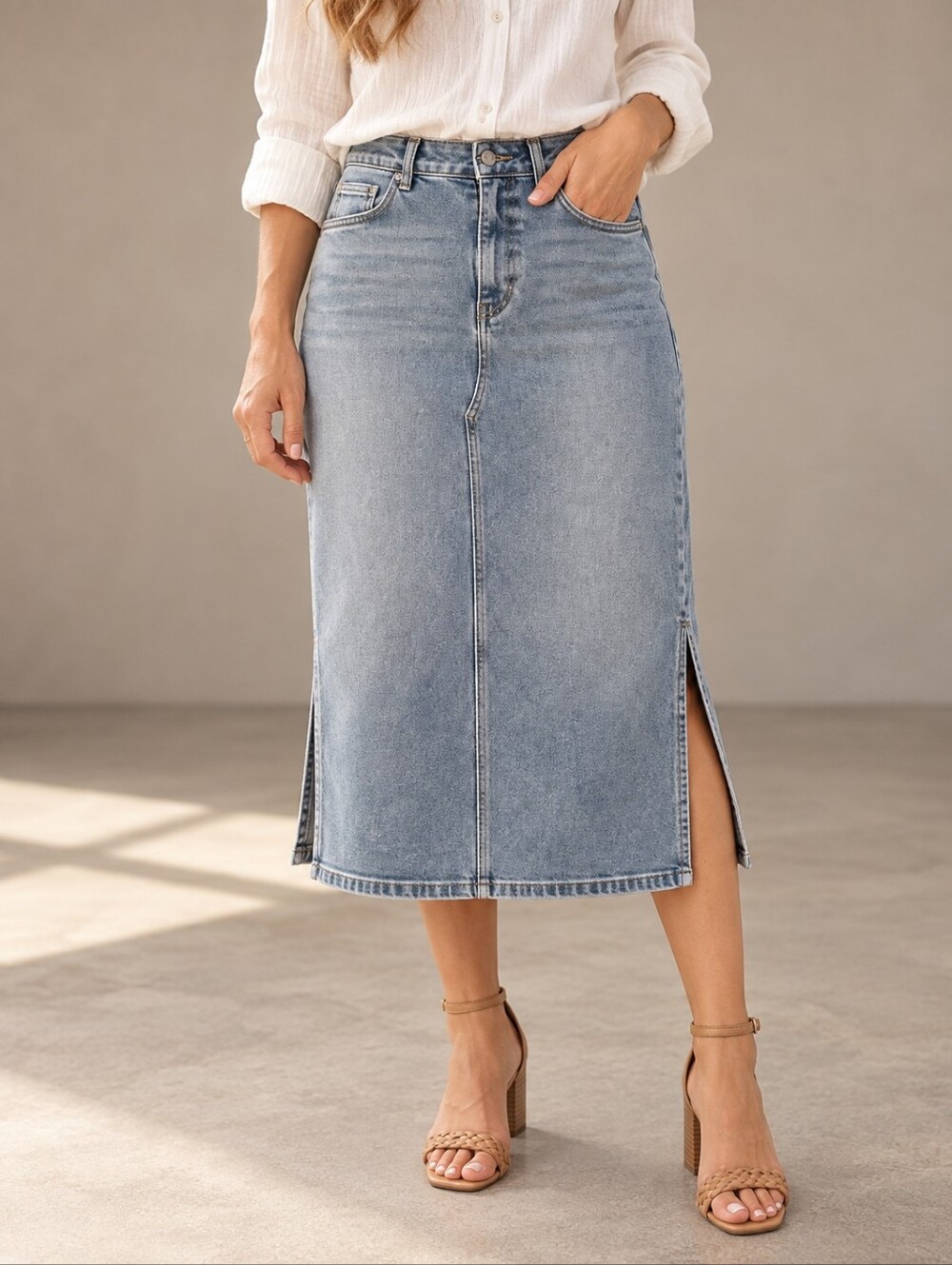 Joe Fresh Stretch Denim Midi Skirt Plus Size 16W Side Slit Blue Jean Skirt